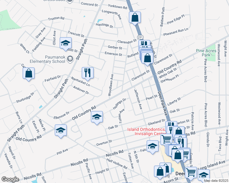 map of restaurants, bars, coffee shops, grocery stores, and more near 237 Old Country Road in Deer Park