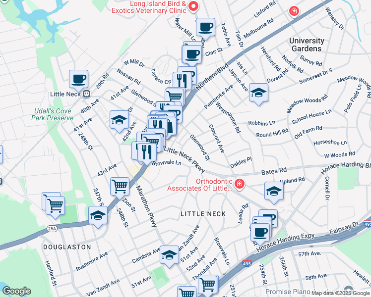 map of restaurants, bars, coffee shops, grocery stores, and more near 47-27 Little Neck Parkway in Queens