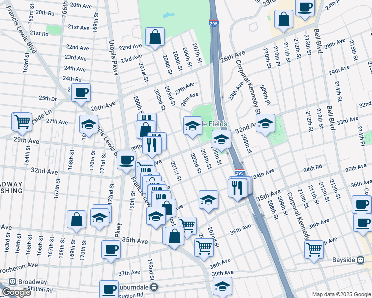 map of restaurants, bars, coffee shops, grocery stores, and more near 32-16 203rd Street in Queens