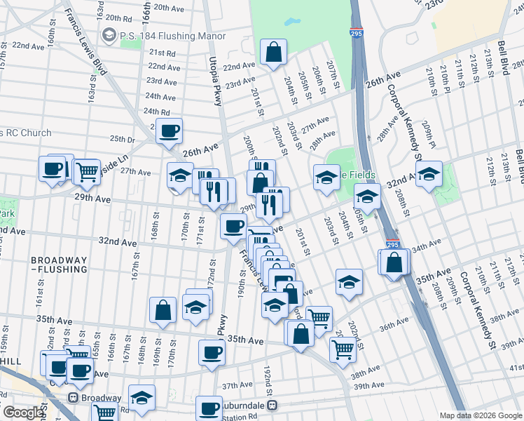 map of restaurants, bars, coffee shops, grocery stores, and more near 198-37 30th Avenue in Queens