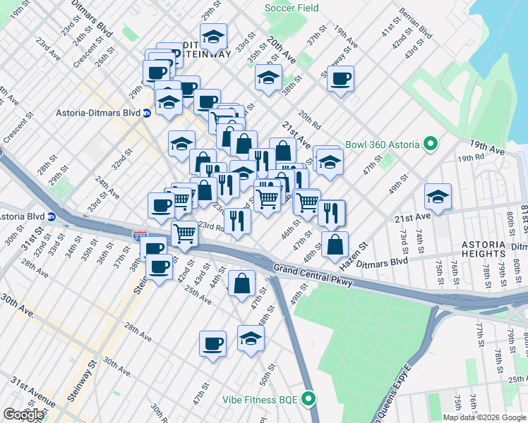 map of restaurants, bars, coffee shops, grocery stores, and more near 22-57 43rd Street in Queens