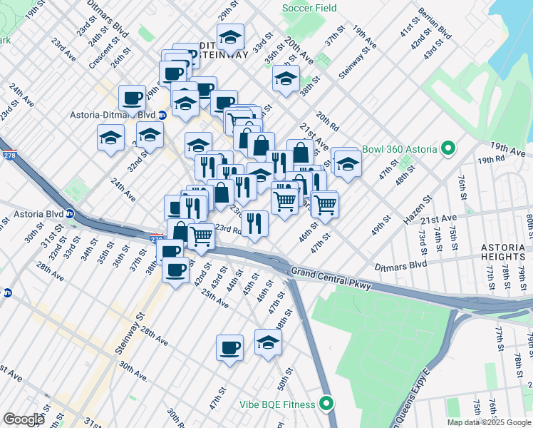 map of restaurants, bars, coffee shops, grocery stores, and more near 42-05 23rd Avenue in Queens