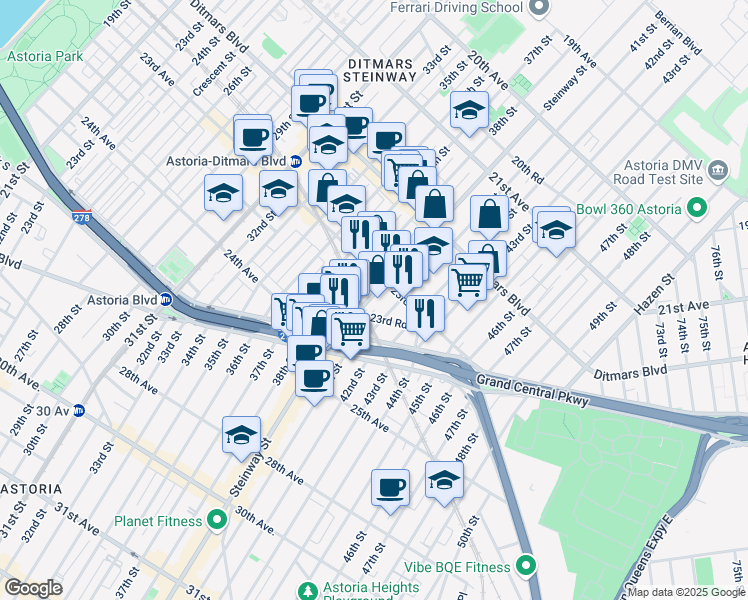 map of restaurants, bars, coffee shops, grocery stores, and more near 23-25 41st Street in Queens