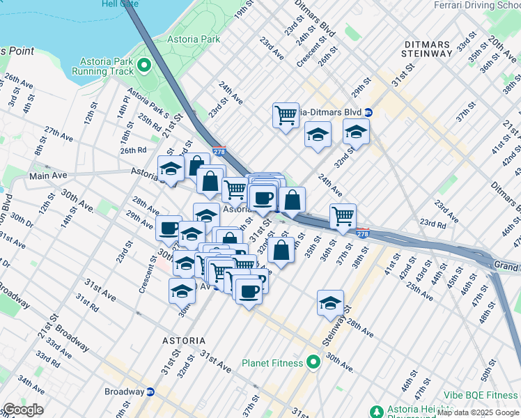 map of restaurants, bars, coffee shops, grocery stores, and more near in Queens