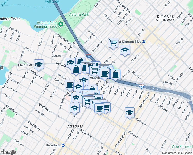 map of restaurants, bars, coffee shops, grocery stores, and more near in Queens