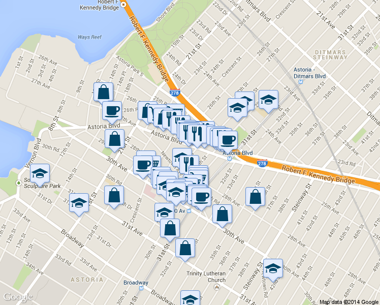 map of restaurants, bars, coffee shops, grocery stores, and more near 26-33 28th Street in Queens