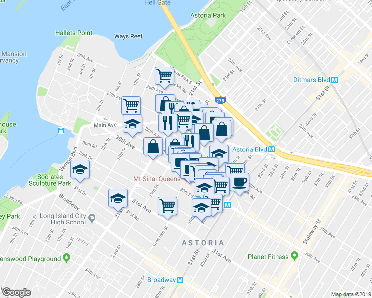 map of restaurants, bars, coffee shops, grocery stores, and more near 28-14 Crescent Street in Queens