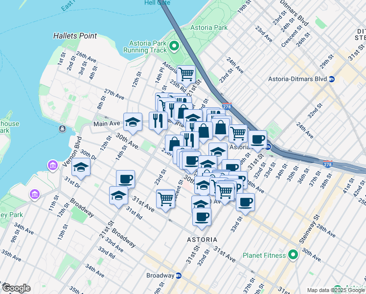 map of restaurants, bars, coffee shops, grocery stores, and more near 2706 Crescent Street in Queens