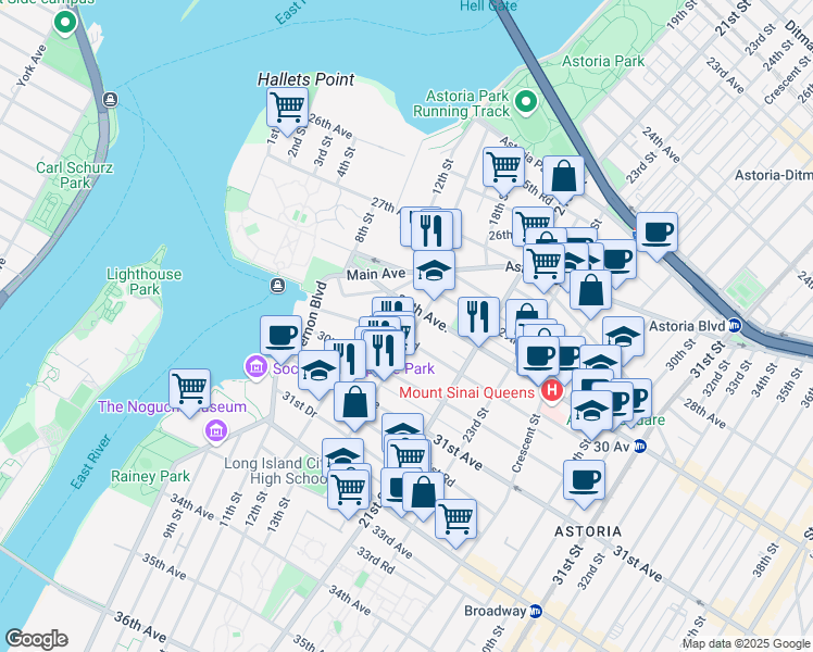 map of restaurants, bars, coffee shops, grocery stores, and more near 30-35 14th Street in Queens