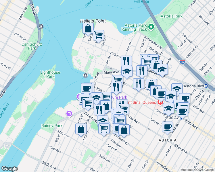 map of restaurants, bars, coffee shops, grocery stores, and more near in Queens
