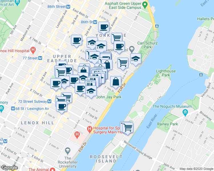 map of restaurants, bars, coffee shops, grocery stores, and more near 520 East 77th Street in New York