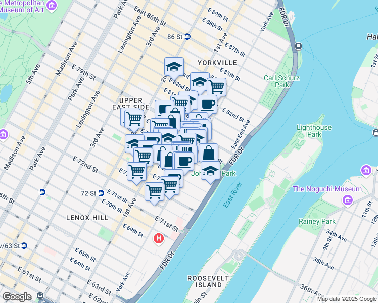 map of restaurants, bars, coffee shops, grocery stores, and more near 1431 York Avenue in New York
