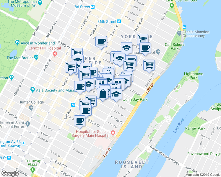map of restaurants, bars, coffee shops, grocery stores, and more near 419 East 76th Street in New York