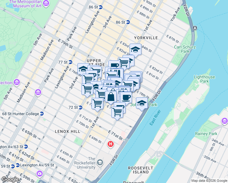 map of restaurants, bars, coffee shops, grocery stores, and more near 419 East 76th Street in New York