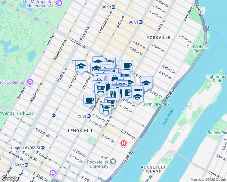 map of restaurants, bars, coffee shops, grocery stores, and more near 321 East 75th Street in New York