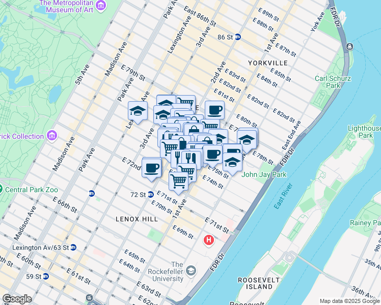 map of restaurants, bars, coffee shops, grocery stores, and more near 310 East 75th Street in New York