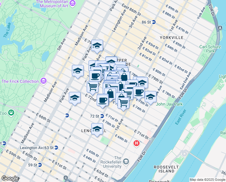 map of restaurants, bars, coffee shops, grocery stores, and more near 1431 2nd Avenue in New York