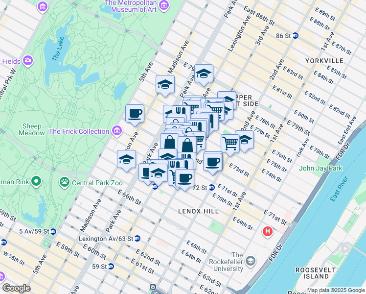 map of restaurants, bars, coffee shops, grocery stores, and more near 158 East 72nd Street in New York