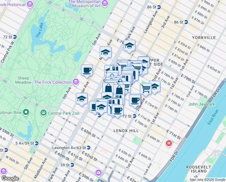 map of restaurants, bars, coffee shops, grocery stores, and more near 158 East 72nd Street in New York