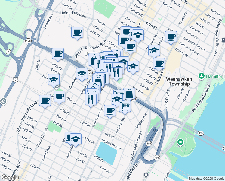 map of restaurants, bars, coffee shops, grocery stores, and more near 2812 New York Avenue in Union City