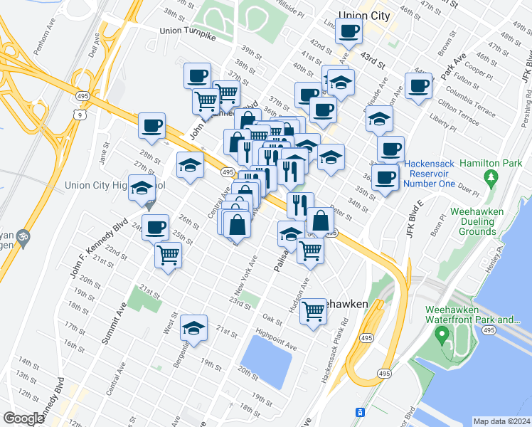 map of restaurants, bars, coffee shops, grocery stores, and more near 2812 New York Avenue in Union City