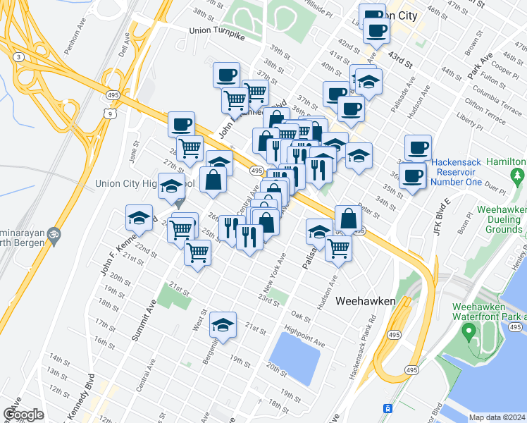 map of restaurants, bars, coffee shops, grocery stores, and more near 2813 Bergenline Avenue in Union City