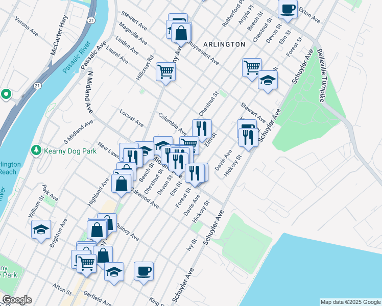 map of restaurants, bars, coffee shops, grocery stores, and more near in Kearny