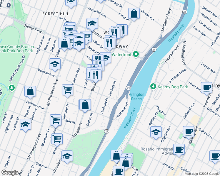 map of restaurants, bars, coffee shops, grocery stores, and more near 16 Seabury Street in Newark