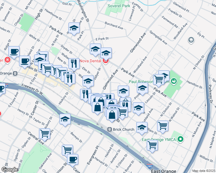 map of restaurants, bars, coffee shops, grocery stores, and more near 7 Glenwood Avenue in City of Orange