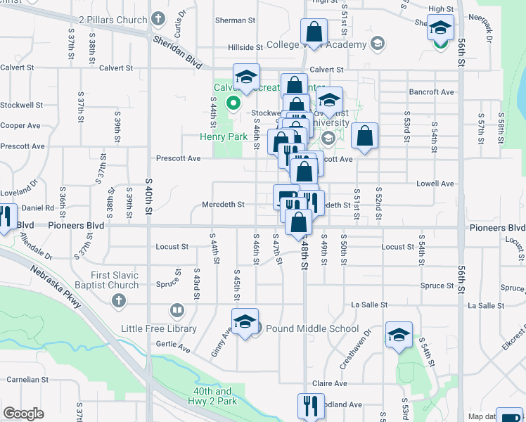 map of restaurants, bars, coffee shops, grocery stores, and more near 4540 Pioneers Boulevard in Lincoln