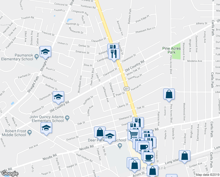 map of restaurants, bars, coffee shops, grocery stores, and more near 46 Glasgow Avenue in Deer Park
