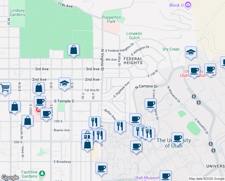 map of restaurants, bars, coffee shops, grocery stores, and more near 1400 Perry Avenue in Salt Lake City