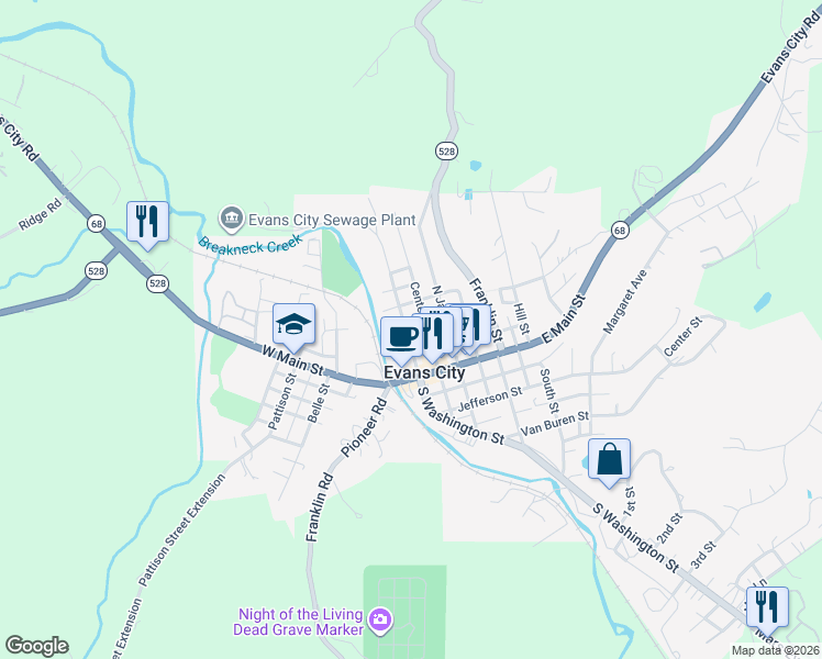 map of restaurants, bars, coffee shops, grocery stores, and more near 122 Wahl Avenue in Evans City