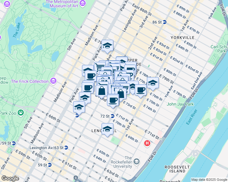 map of restaurants, bars, coffee shops, grocery stores, and more near 220 East 74th Street in New York