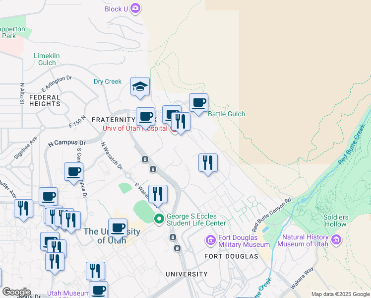 map of restaurants, bars, coffee shops, grocery stores, and more near 30 North 1900 East in Salt Lake City