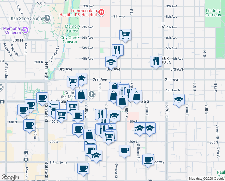 map of restaurants, bars, coffee shops, grocery stores, and more near 46 D Street East in Salt Lake City