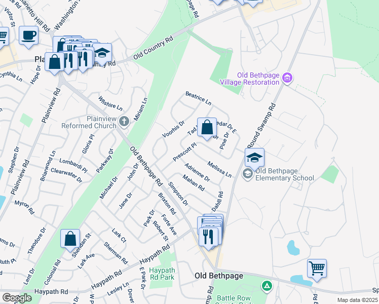 map of restaurants, bars, coffee shops, grocery stores, and more near 23 Melissa Lane in Old Bethpage