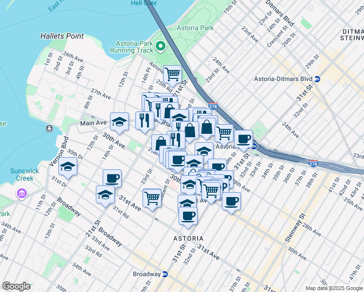 map of restaurants, bars, coffee shops, grocery stores, and more near 28-14 Crescent Street in Queens