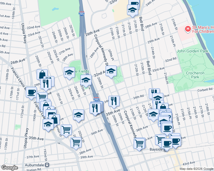 map of restaurants, bars, coffee shops, grocery stores, and more near 33-12 209th Street in Queens