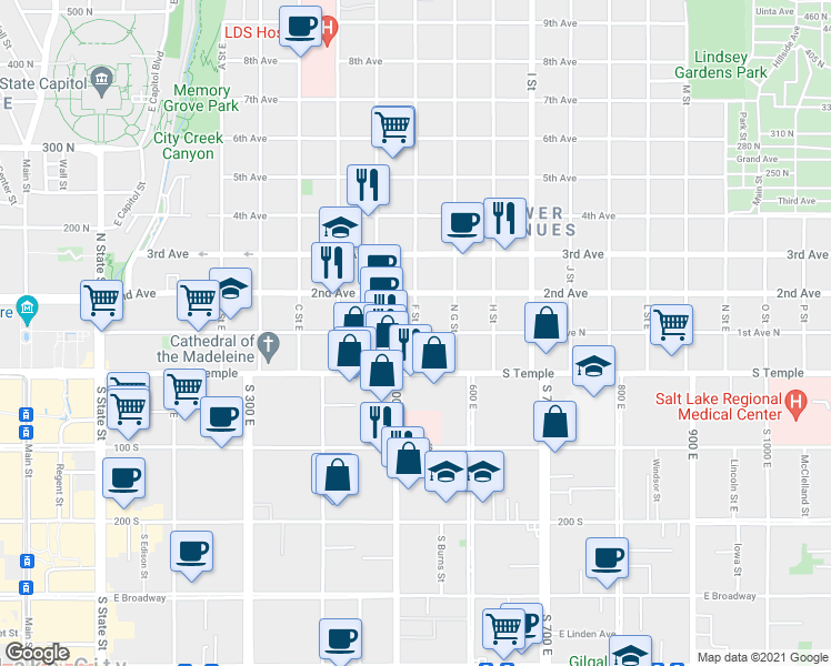 map of restaurants, bars, coffee shops, grocery stores, and more near E 1st Ave & F St in Salt Lake City