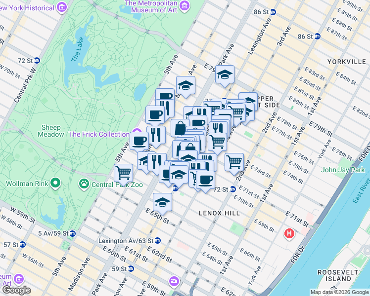 map of restaurants, bars, coffee shops, grocery stores, and more near in New York