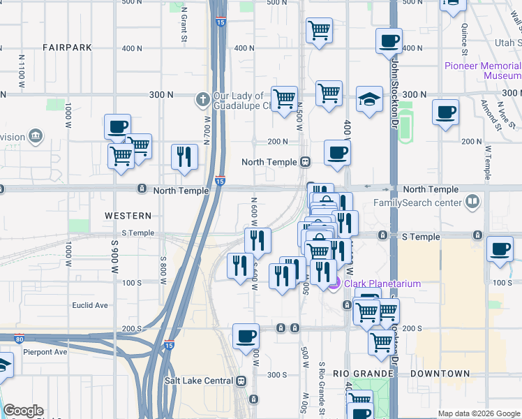 map of restaurants, bars, coffee shops, grocery stores, and more near 50 North 600 West in Salt Lake City