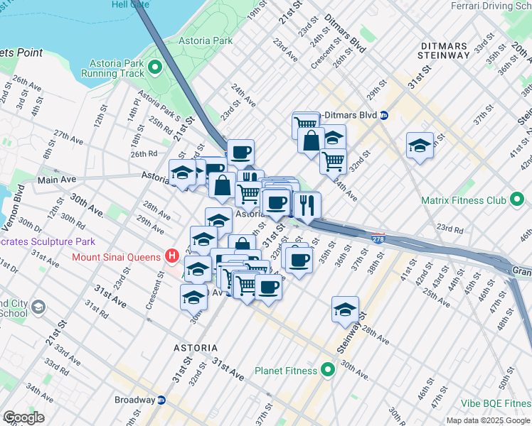 map of restaurants, bars, coffee shops, grocery stores, and more near in Queens