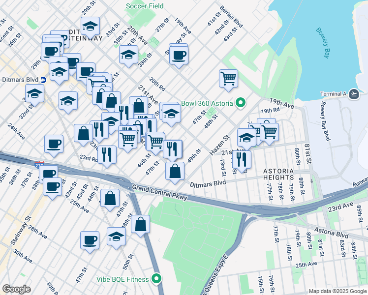map of restaurants, bars, coffee shops, grocery stores, and more near 21-30 48th Street in Queens