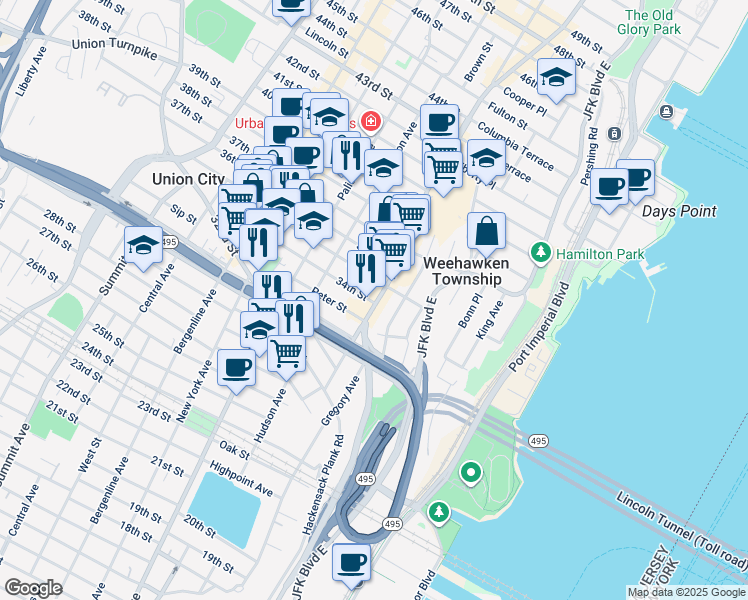 map of restaurants, bars, coffee shops, grocery stores, and more near 3401 Park Avenue in Union City