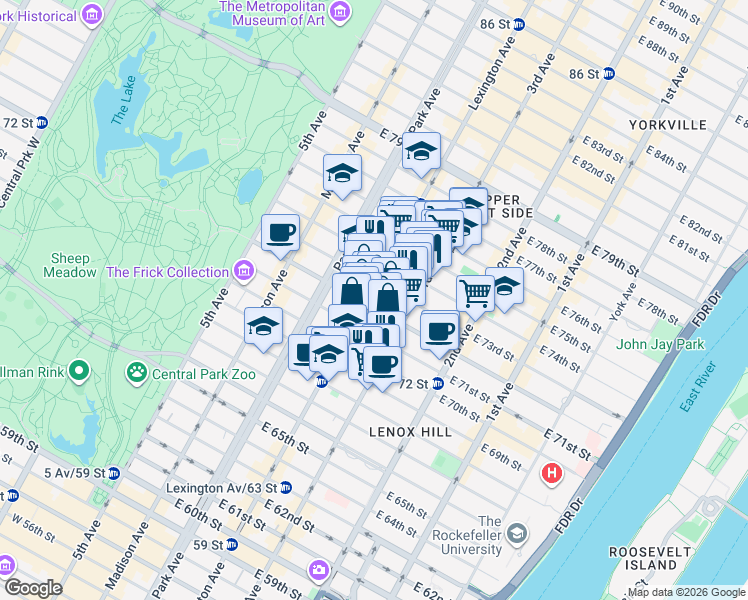 map of restaurants, bars, coffee shops, grocery stores, and more near 158 East 72nd Street in New York