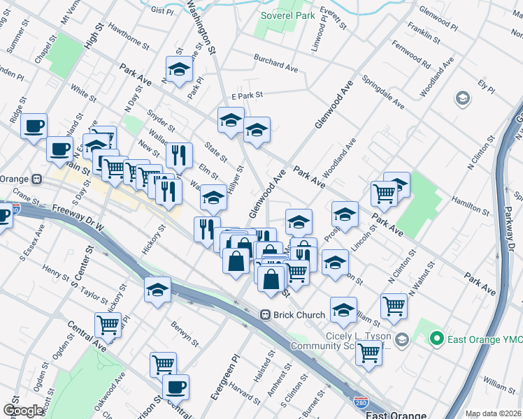 map of restaurants, bars, coffee shops, grocery stores, and more near 7 Glenwood Avenue in City of Orange