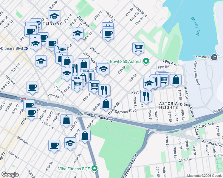 map of restaurants, bars, coffee shops, grocery stores, and more near 21-32 49th Street in Queens