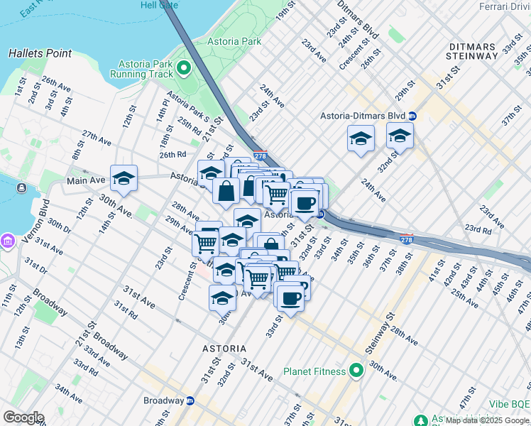 map of restaurants, bars, coffee shops, grocery stores, and more near 26-05 28th Street in Queens