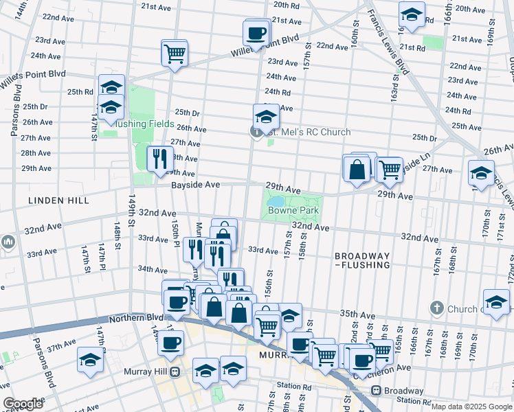 map of restaurants, bars, coffee shops, grocery stores, and more near 32-05 155th Street in Queens